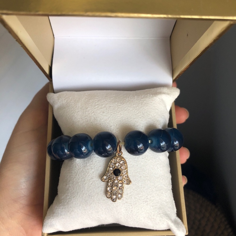 Blue Beaded Gold Hamsa Charm Bracelet